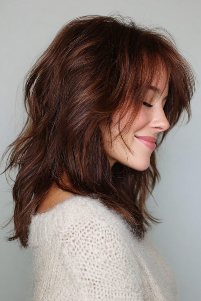7. Caramel Balayage Shag with Wispy Bangs