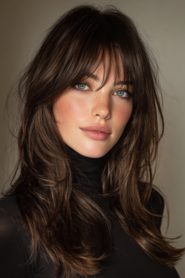 7. Dark Brunette Layered Hair with Long Face-Framing Fringe