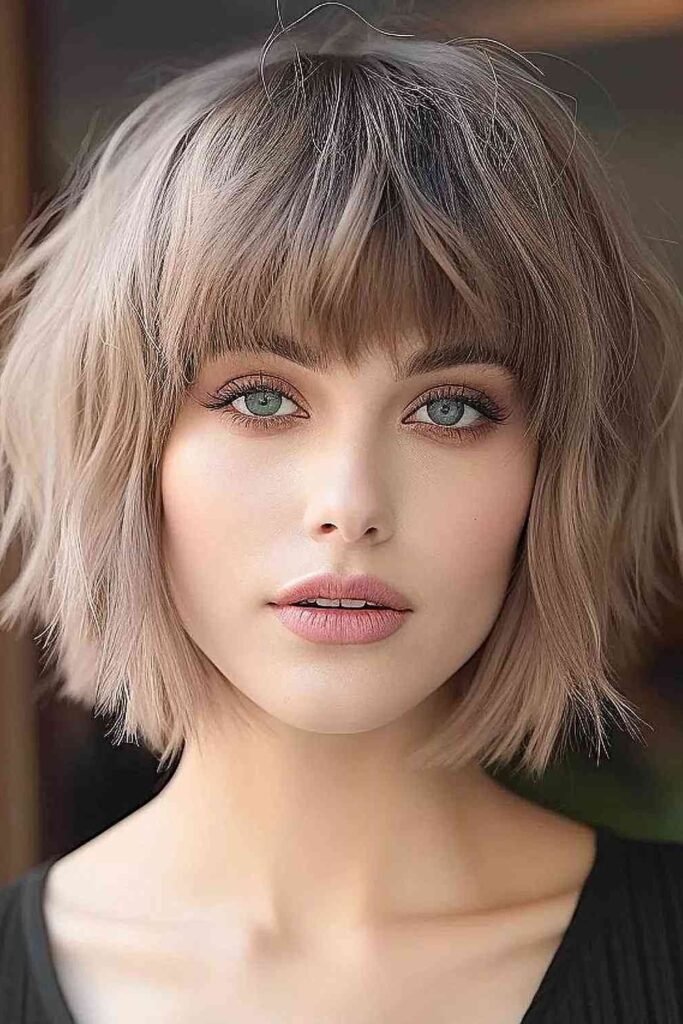 7. Jagged Razor-Cut Bob with Blunt Bangs