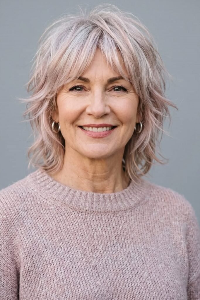 7. Soft Pastel Pink Shag with Layered Fringe