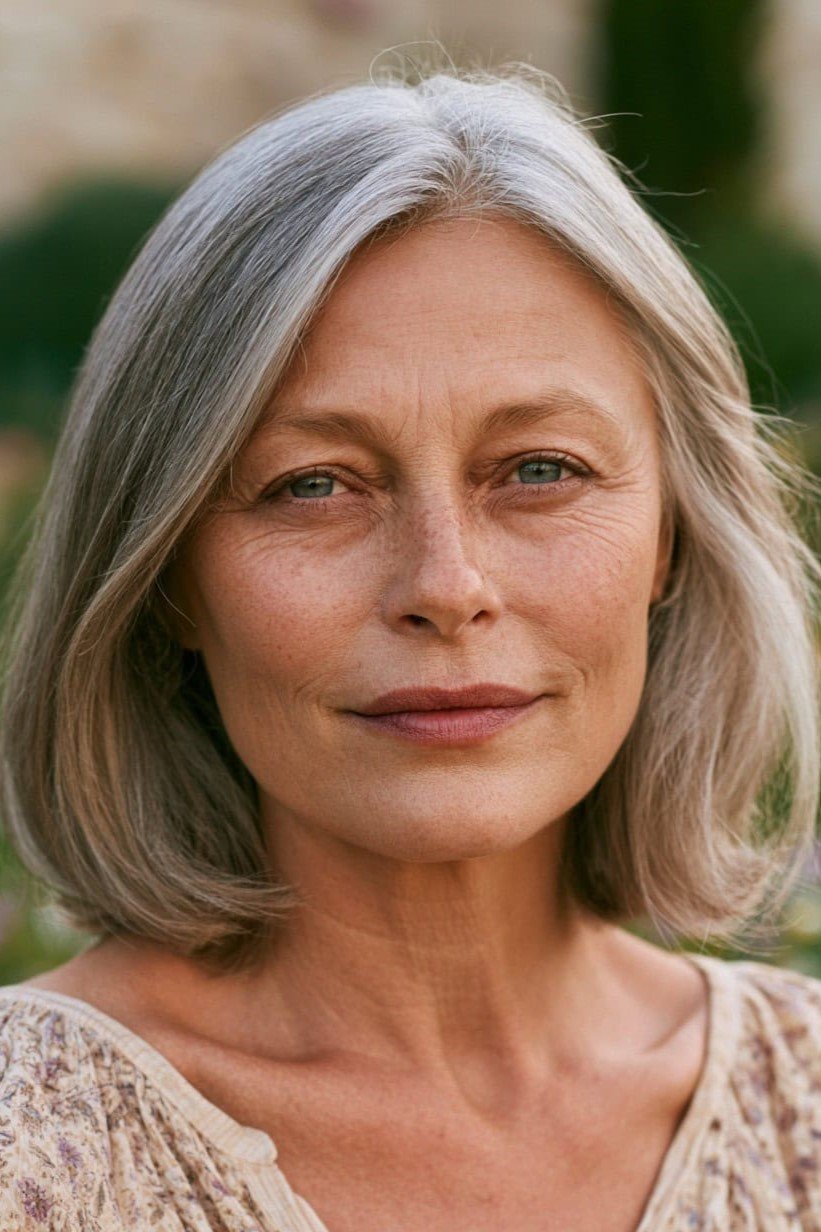 7. Soft Silver Rounded Bob with Side-Swept Framing