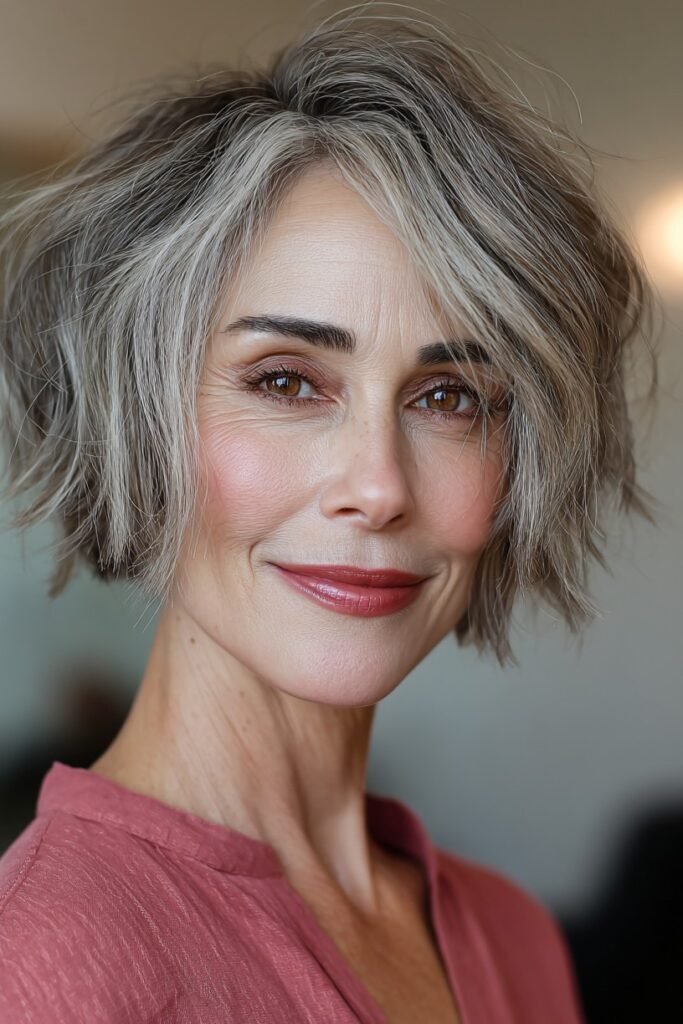 7. Textured Grey Short Bob with Face-Framing Strands