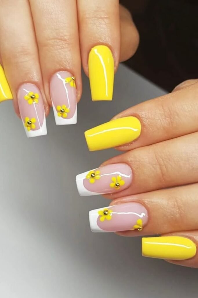 8. Bright Yellow and White French with Flowers