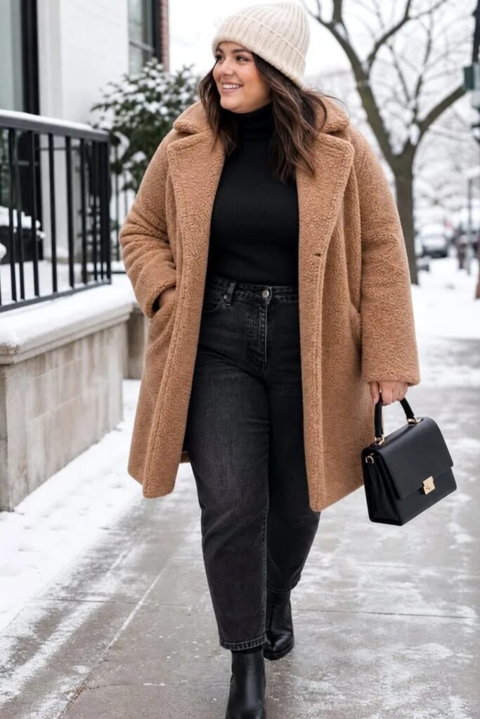 8. Camel Teddy Coat with Black Jeans