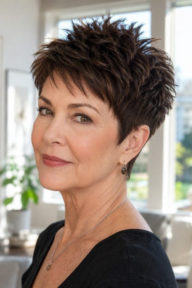 8. Classic Dark Chestnut Spiky Pixie with Layered Bangs