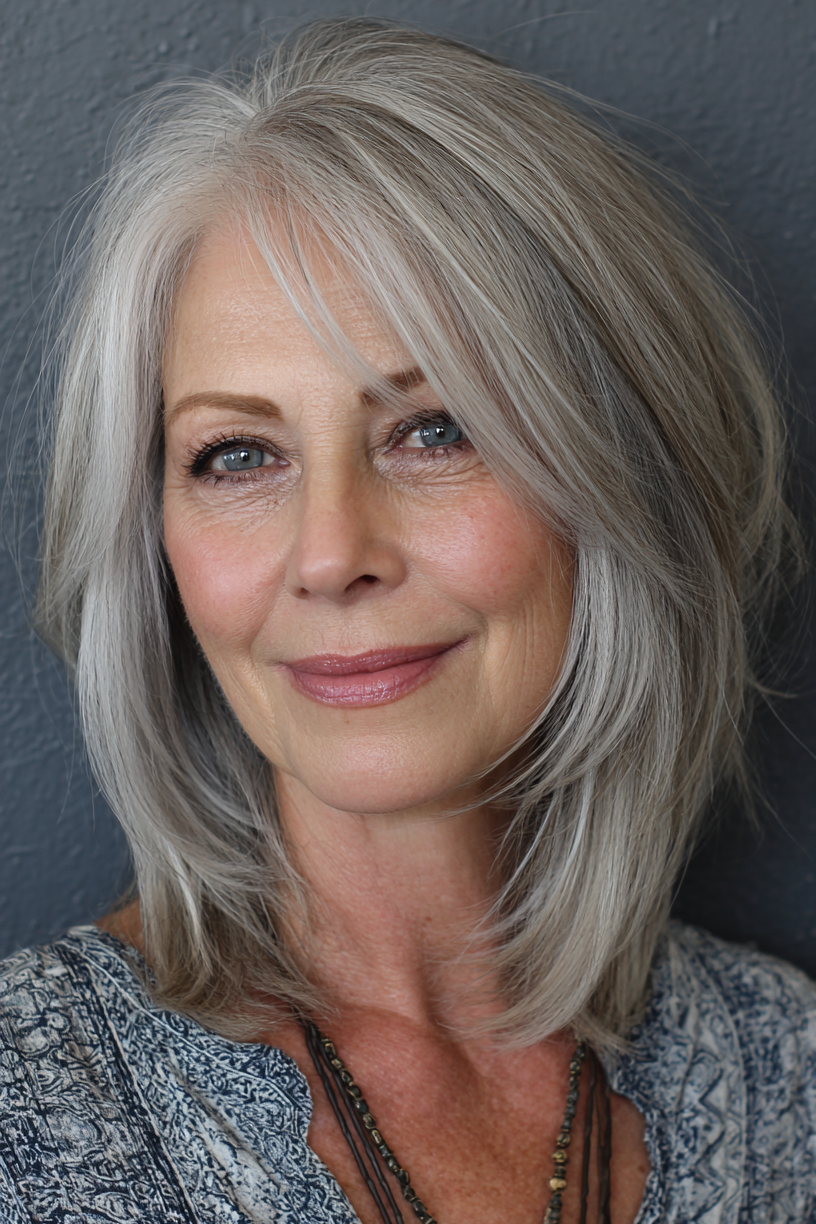 8. Feathered Silver Cut with Soft Side-Swept Bangs
