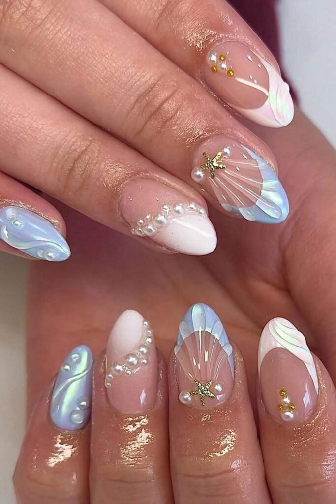 8. Gold Outlined Nudes with Iridescent Shells