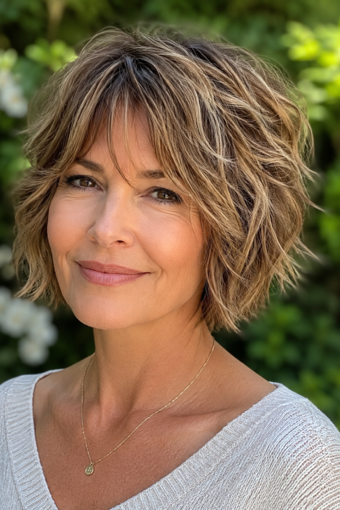 8. Highlighted Honey Blonde Shag Bob with Bangs