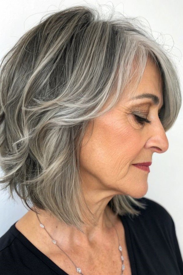 8. Layered Grey Lob with Side-Swept Bangs