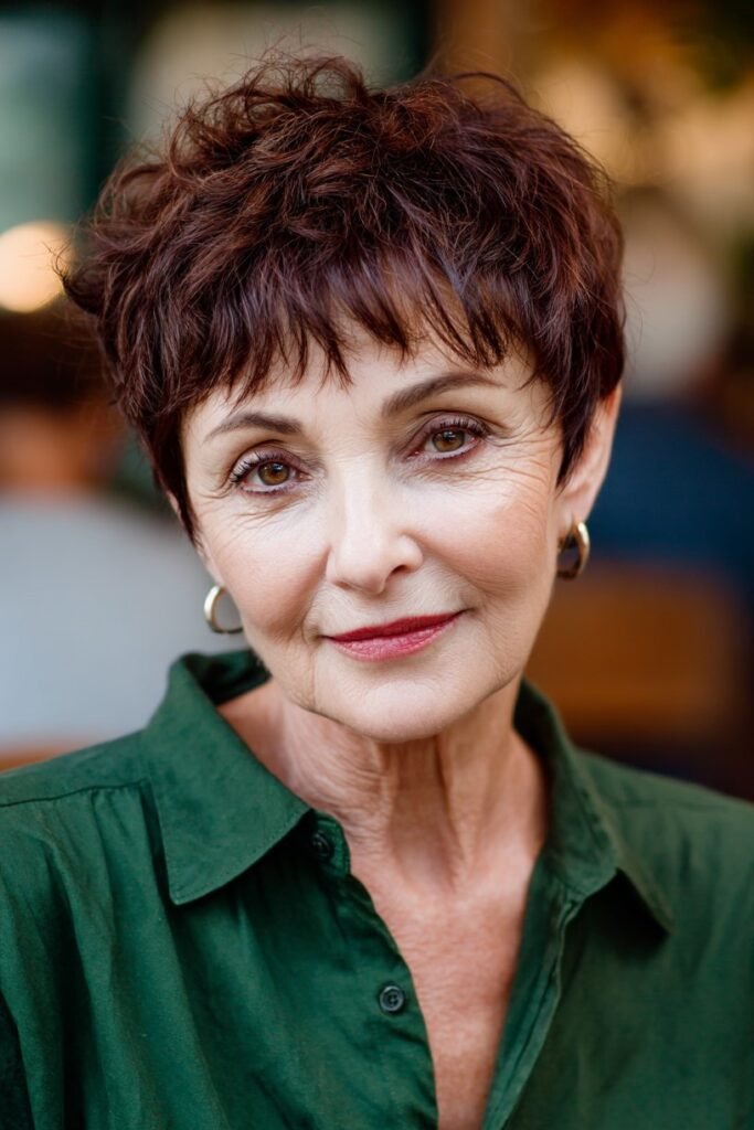 8. Textured Deep Mahogany Pixie with Wispy Bangs