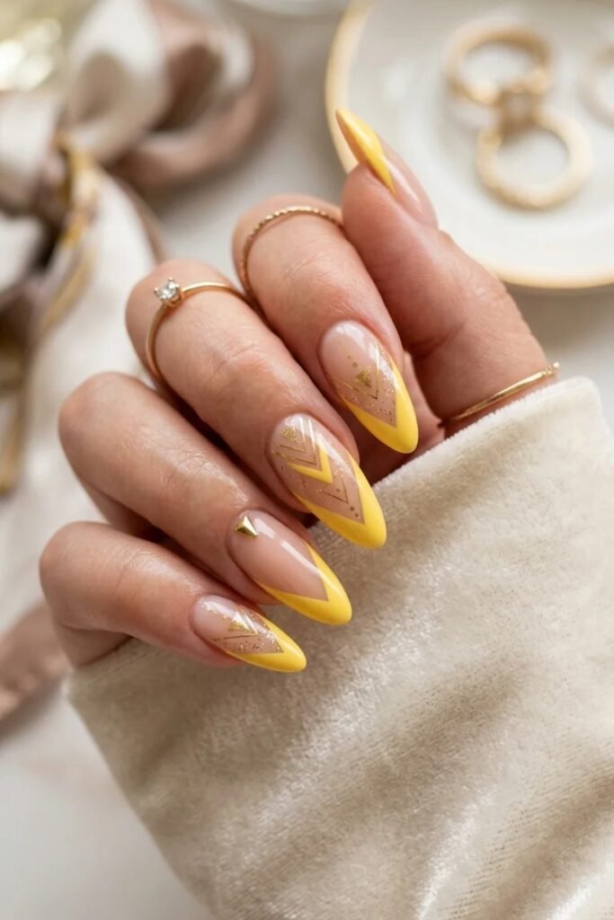 9. Yellow French Tips with Daisies and Rhinestones