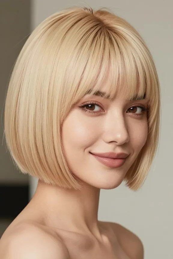 9. Classic Light Blonde Rounded Bob with Straight Bangs