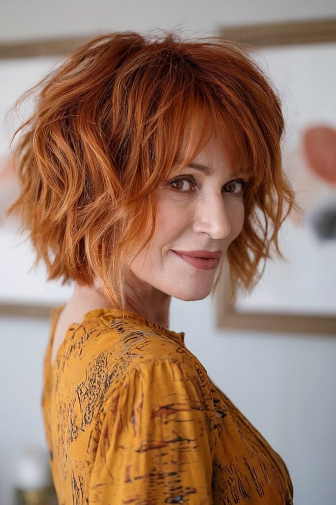 9. Copper Red Shaggy Bob with Wispy Bangs