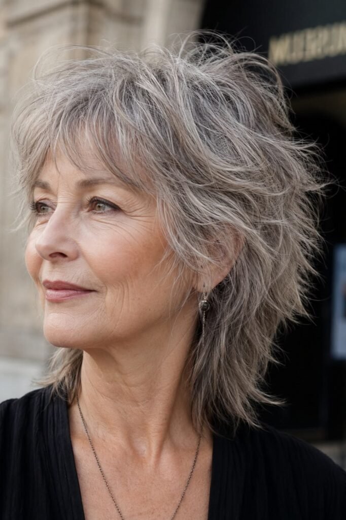 9. Layered Silver Mullet Shag with Feathered Crown
