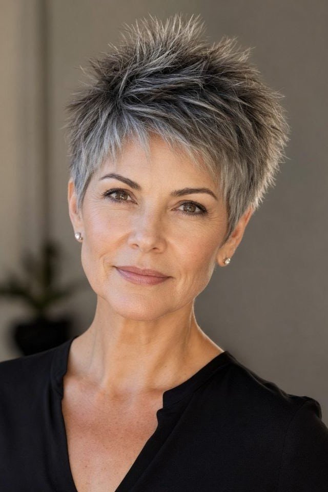 9. Silver-Toned Textured Pixie Cut with Angular Fringe