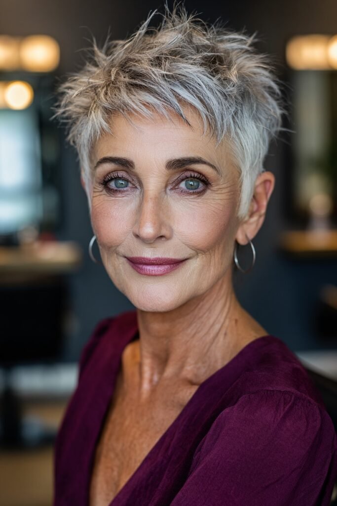 9. Spiky Silver Pixie Cut with Piecey Crown