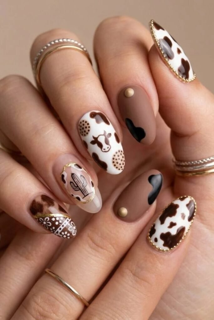 9. Tiny Tan and Black Cow Print Tips
