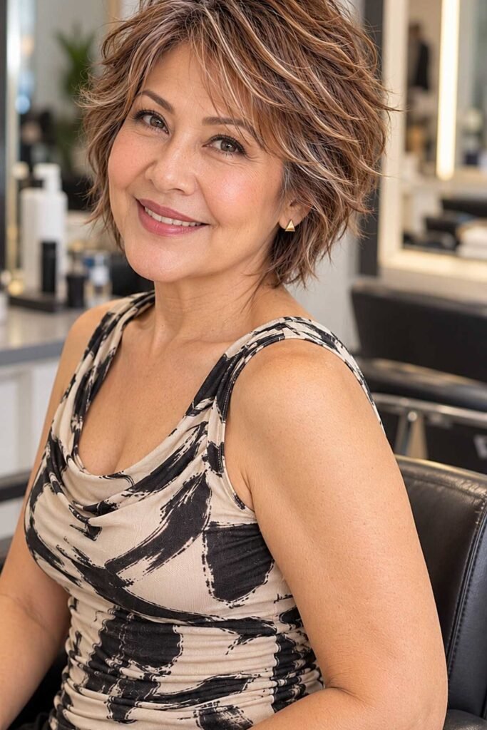 1. Short Shaggy Cut with Caramel Highlights