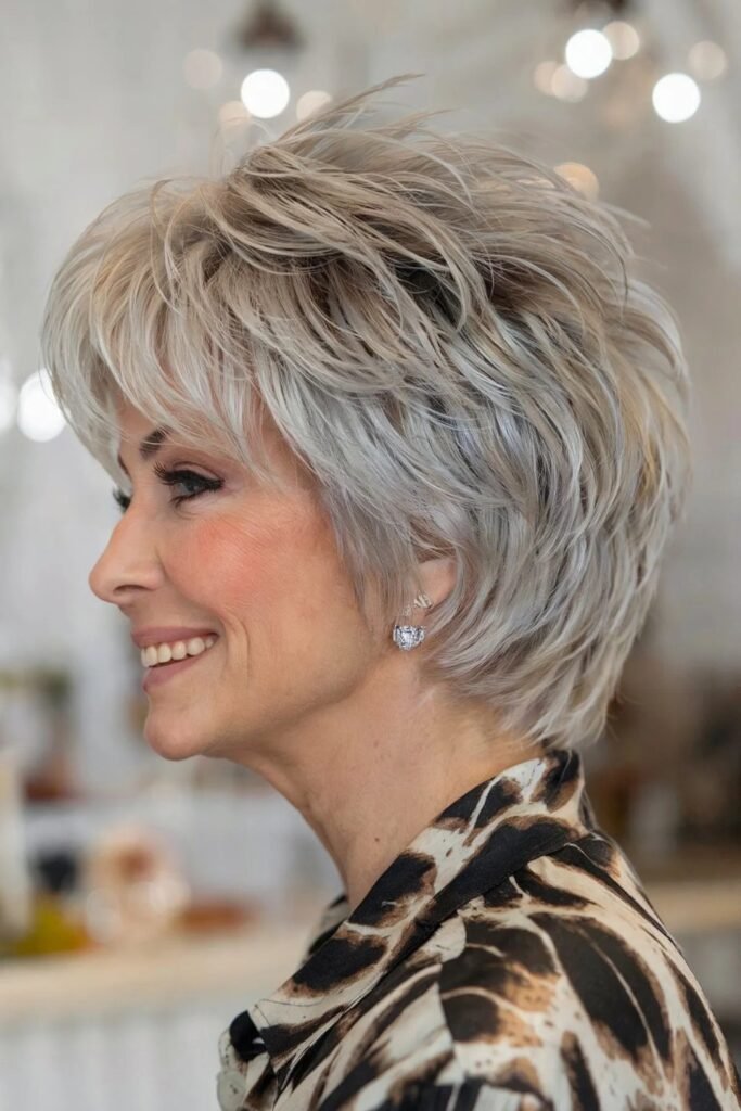 5. Shaggy Silver Short Cut with Wispy Bangs