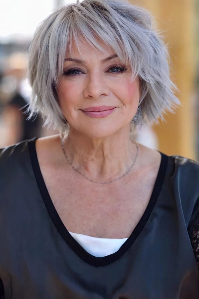 6. Choppy Ash Gray Bob with Bangs