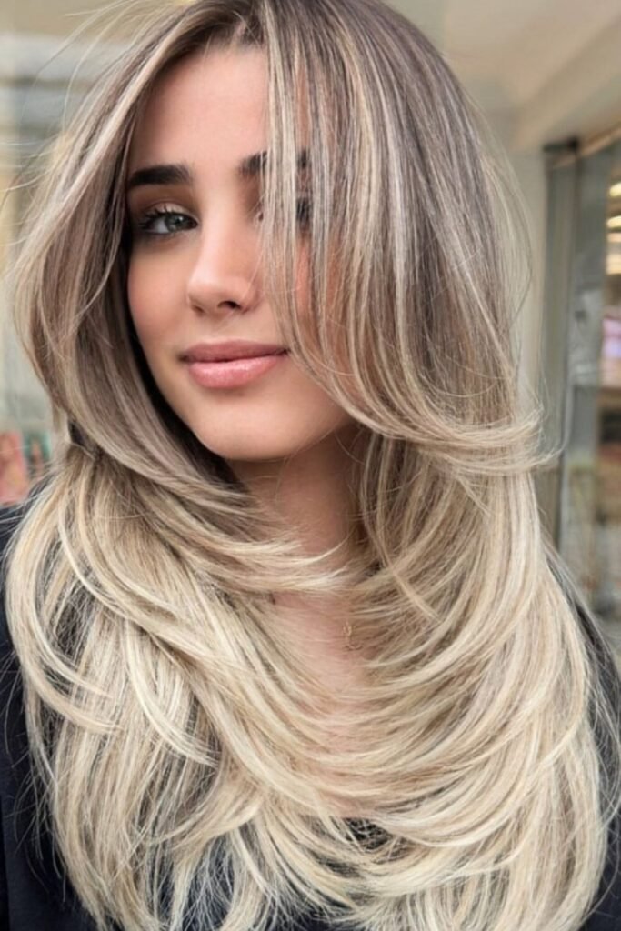 3. Ash Blonde Butterfly Layers with Side-Swept Bangs