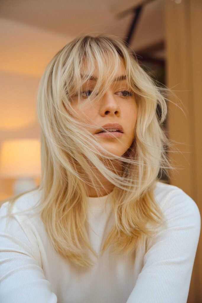 4. Windswept Platinum Shag with Soft Bangs
