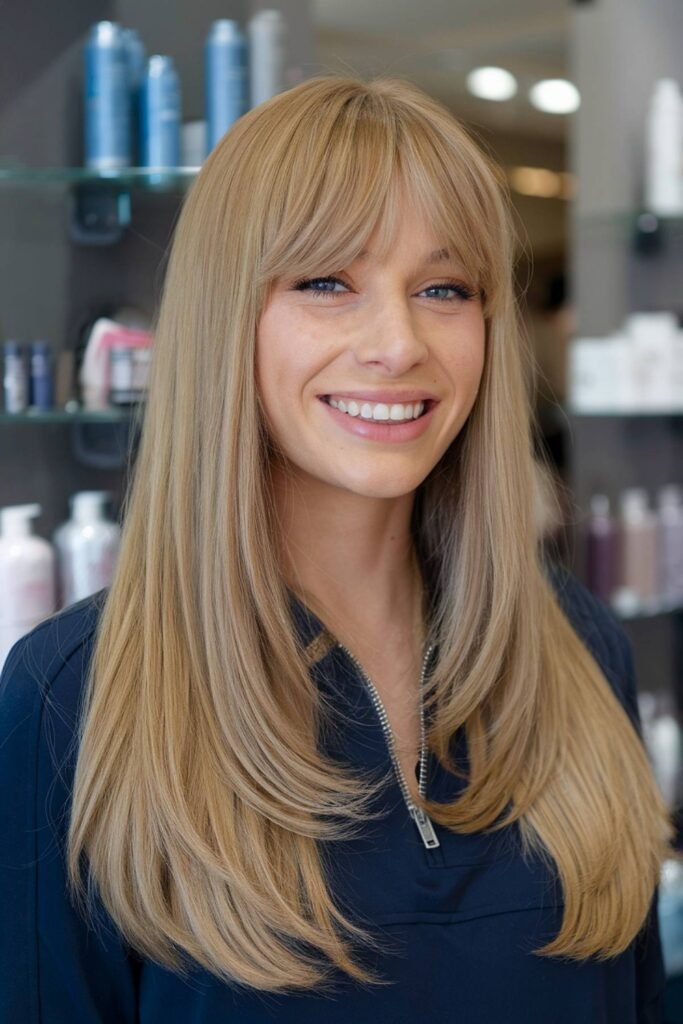 5. Long Straight Honey Blonde with Full Bangs and Layers
