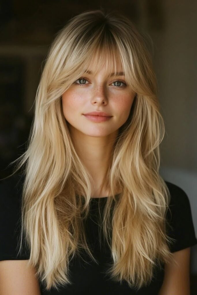 15. Golden Blonde Layers with Soft Curtain Bangs