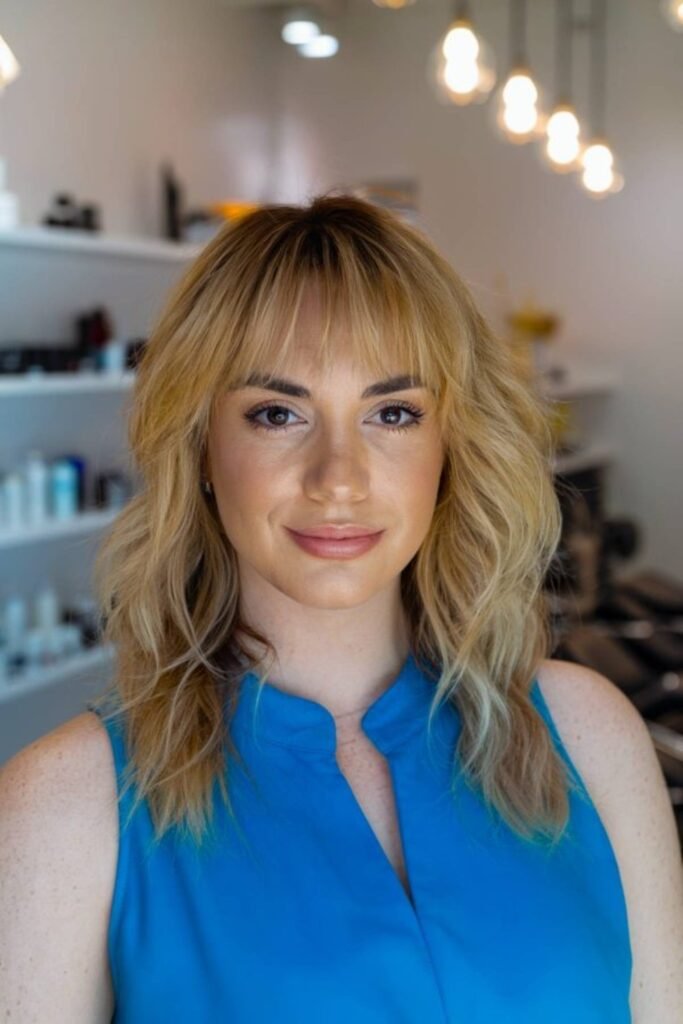 17. Golden Wavy Shag with Wispy Bangs