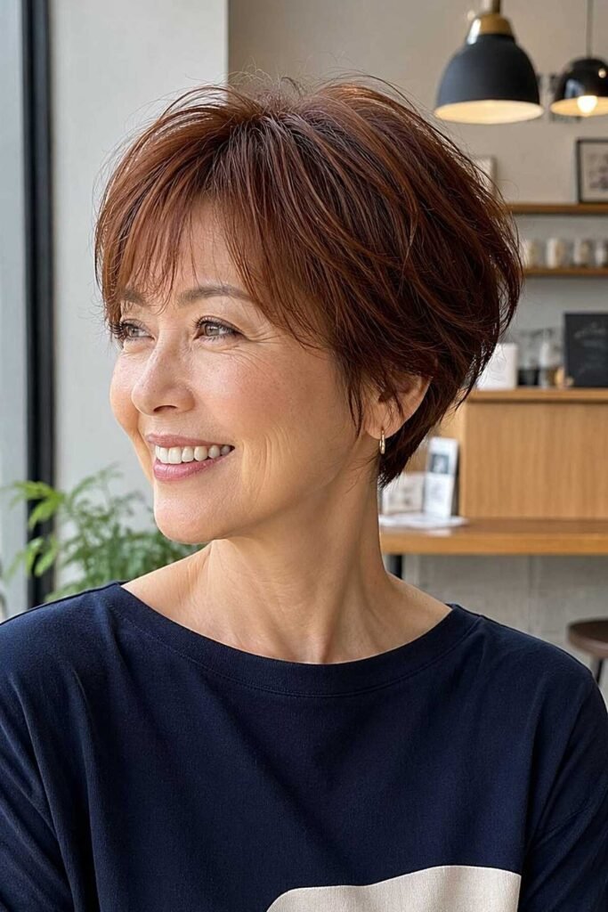 8. Auburn Tapered Bixie with Soft Bangs