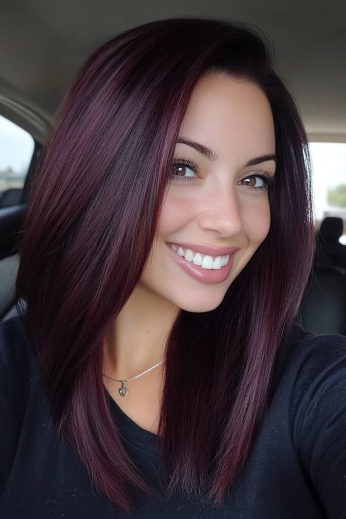 13. Cherry Plum A-Line Lob with a Side Part