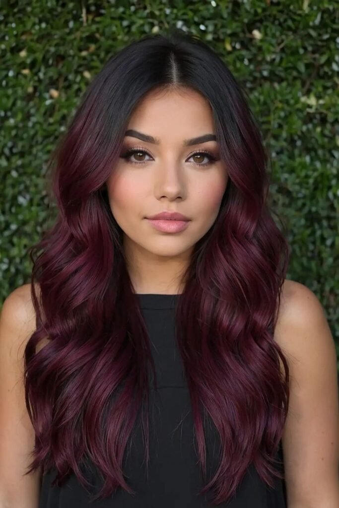 18. Black Roots Melting into a Wine Cherry Ombre
