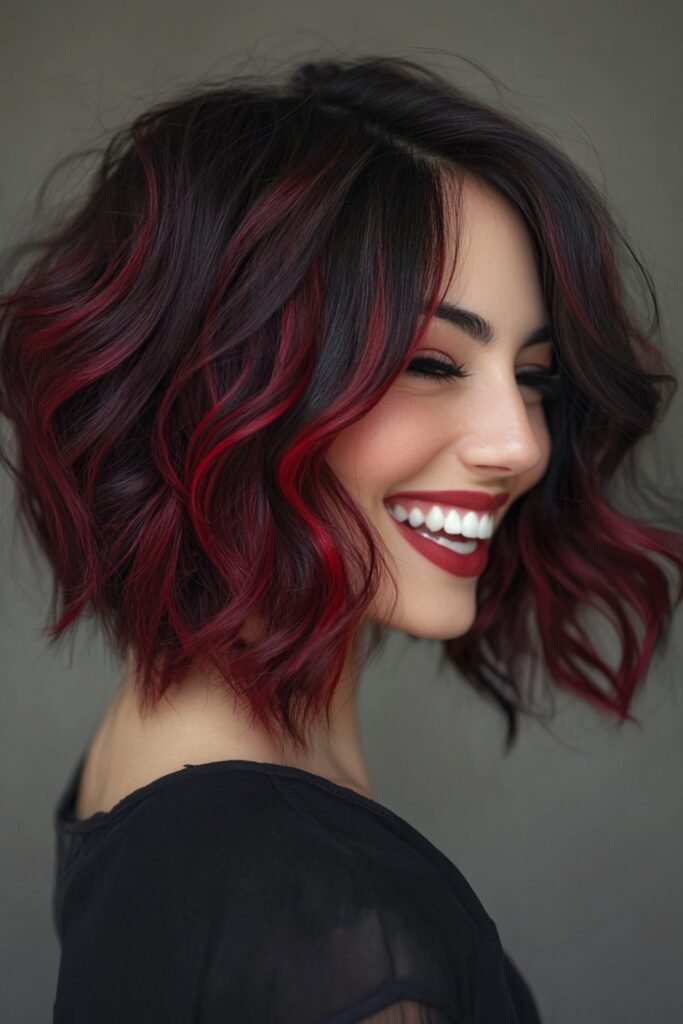 20. Short Wavy Black Cherry Bob with Red Ribbons