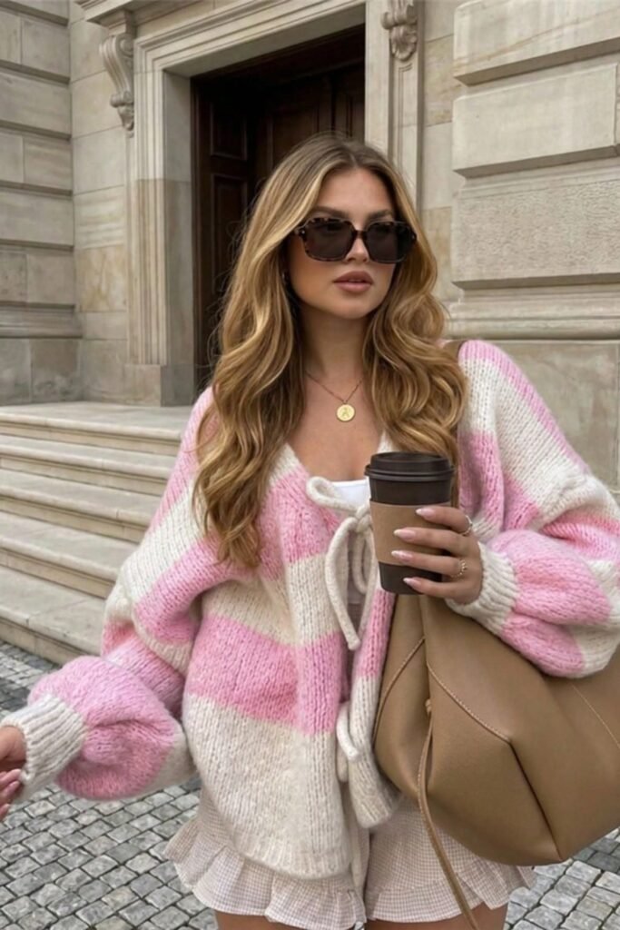 1. Pink Striped Tie-Front Cardigan with Ruffle Shorts
