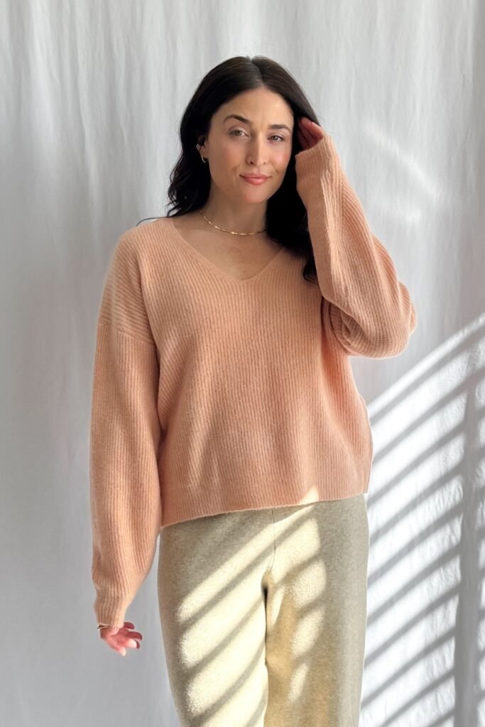 6. Peach Ribbed V-Neck with Cream Knit Pants