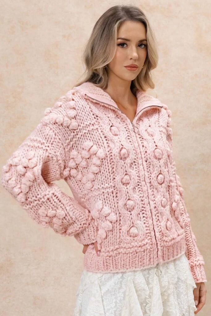 10. Bobble Knit Zip Cardigan with White Lace Skirt