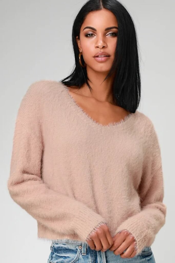 12. Fuzzy Blush Cropped V-Neck with Light Jeans