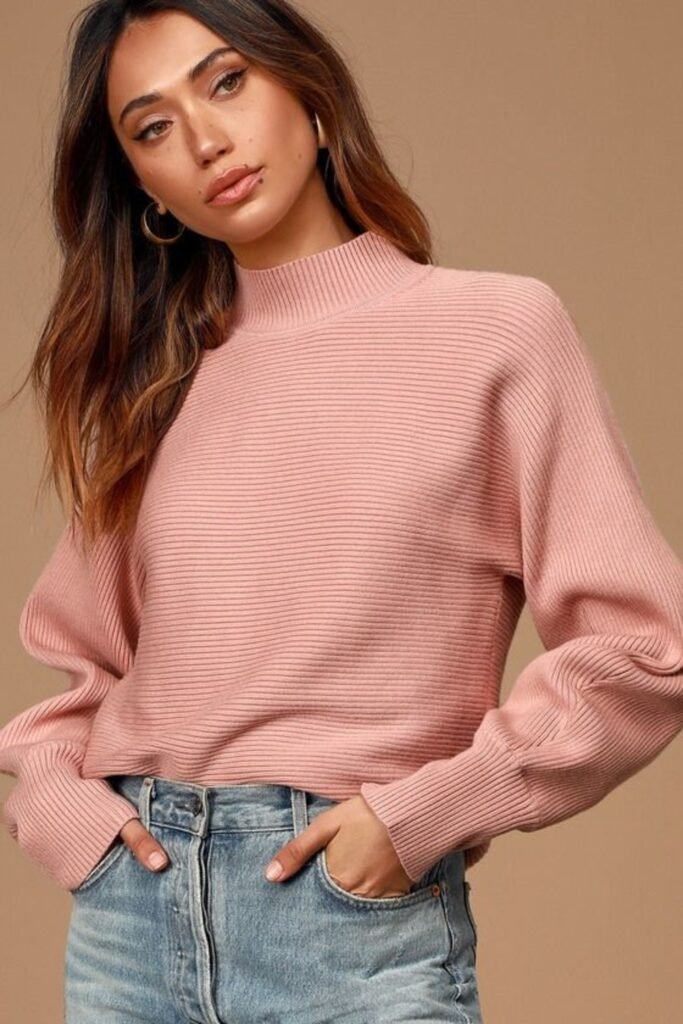 20. Dusty Rose Ribbed Mock Neck with Light Jeans