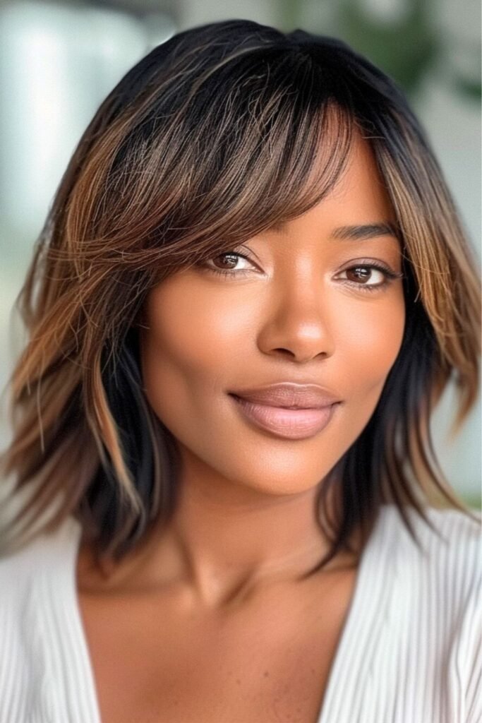 1. (Caramel Highlighted Bob with Side-Swept Bangs)