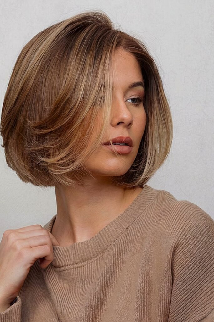 8. (Bronde Rounded Bob with Feathered Edges)