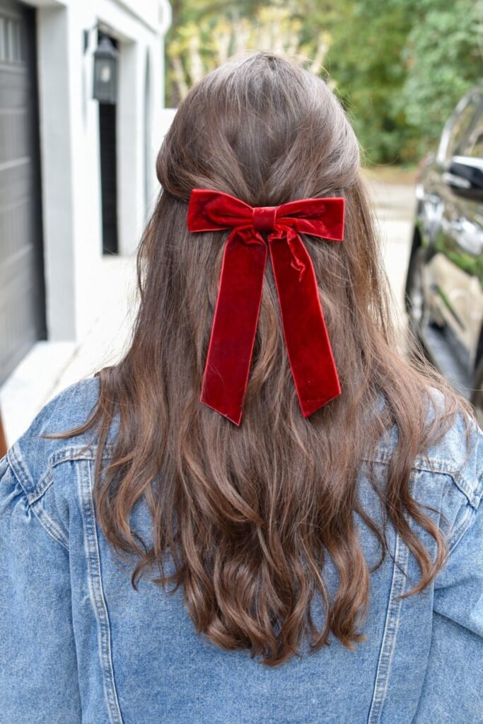 5. Red Velvet Long-Tail Bow with Denim Jacket