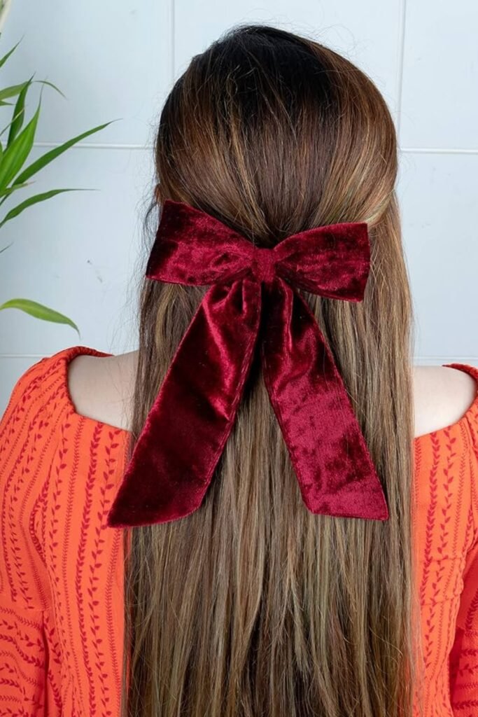 17. Crushed Velvet Burgundy Bow with Long Straight Hair