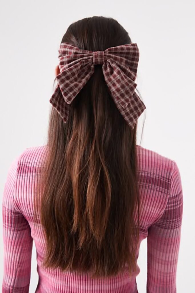 20. Plaid Burgundy Bow with Pink Ribbed Sweater