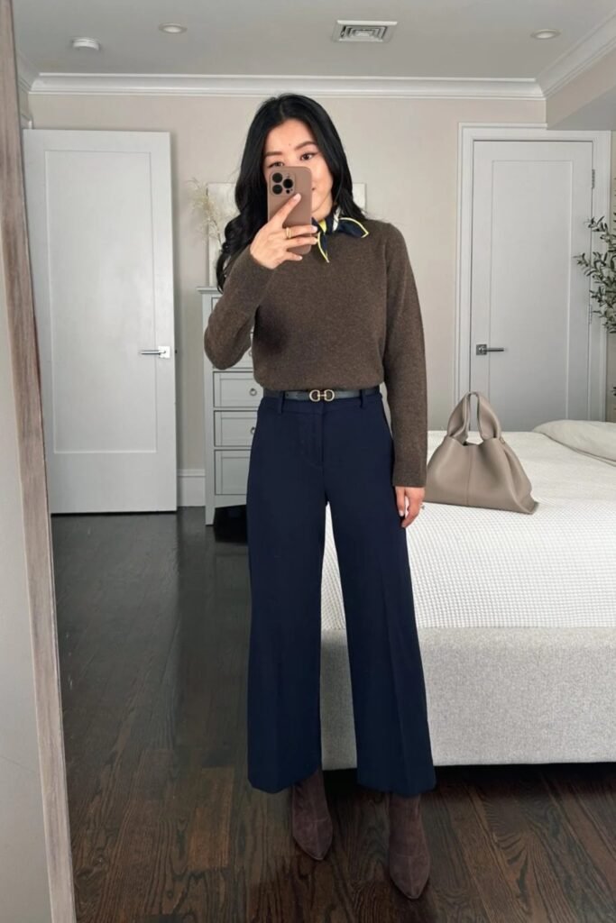 6. Brown Sweater with Navy Wide Leg Trousers and Suede Boots