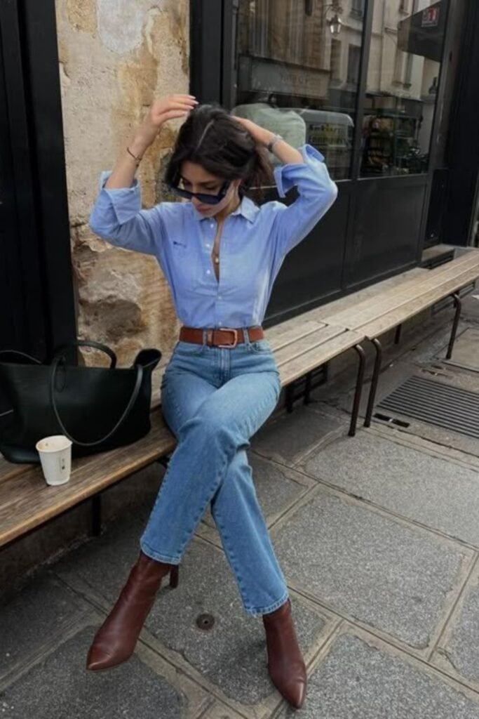 9. Light Blue Shirt with Straight Jeans and Burgundy Ankle Boots
