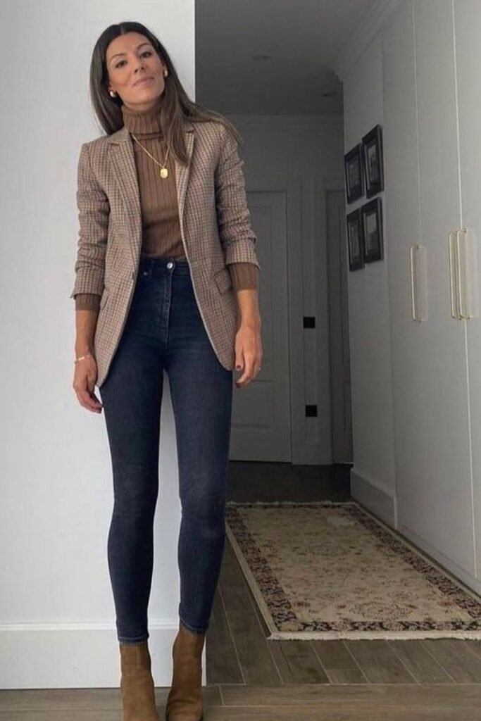 17. Houndstooth Blazer with Brown Turtleneck and Dark Skinny Jeans