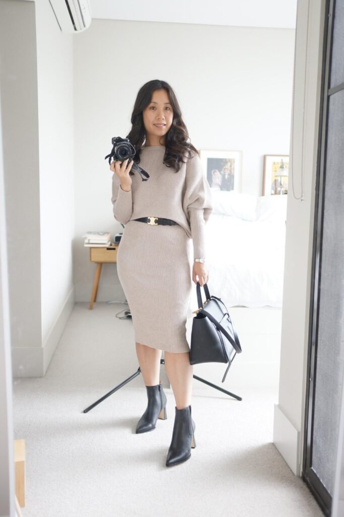 18. Taupe Knit Set with Black Belt and Black Ankle Boots