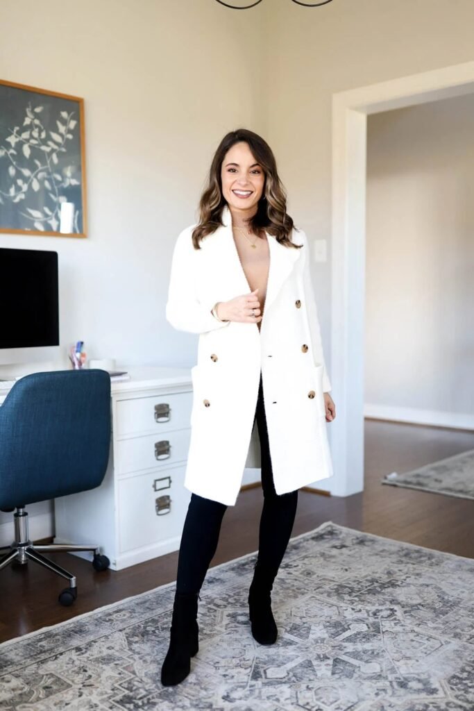 19. Ivory Textured Coat with Black Skinny Pants and Suede Block Heel Boots