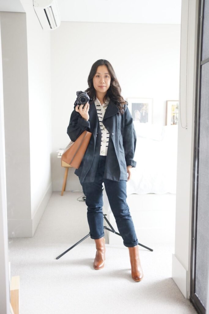 20. Navy Utility Jacket with Striped Cardigan, Dark Jeans and Cognac Boots