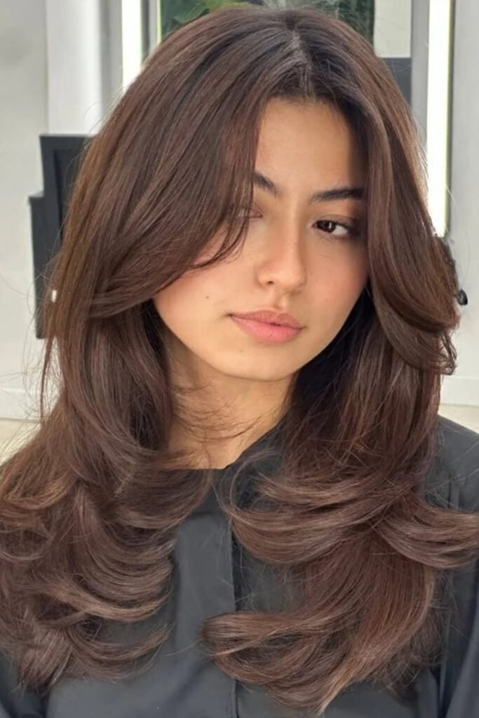 2. Mocha Curtain Bangs With Feathered Ends